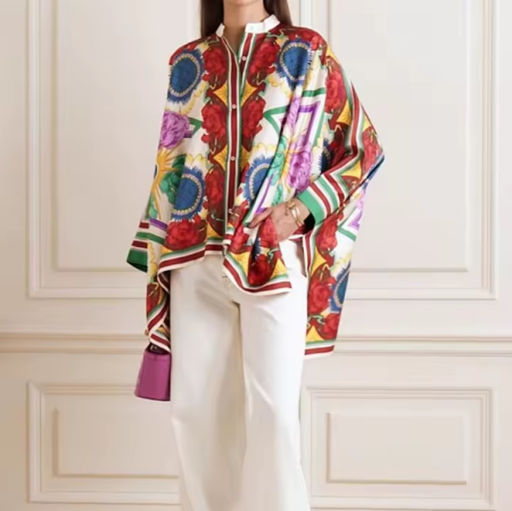 Flower PrintStand Collar Blouses Women Spring Summer High-lowButtoned Shirts T - Picture 4 of 5